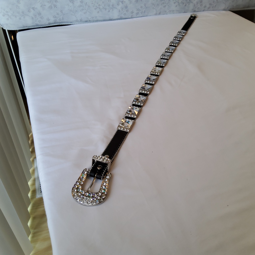 Designer Black leather belt w/crystals